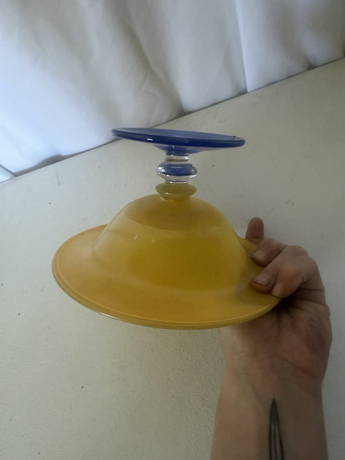 Vtg Art Deco painted Yellow Pedestal Glass Bowl W Cobalt Blue Stand pede
