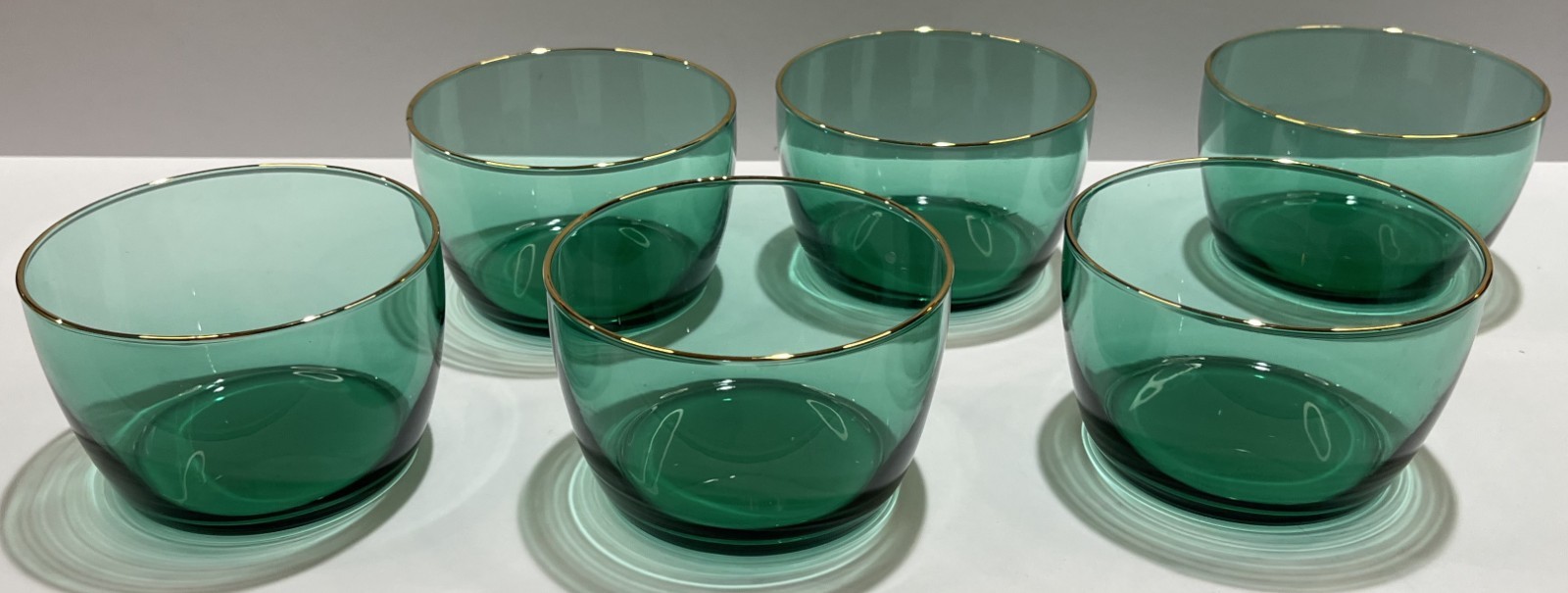Set of 6 Libbey Teardrop Juniper Green Gold Trim Fruit Dessert Bowls 4.25″