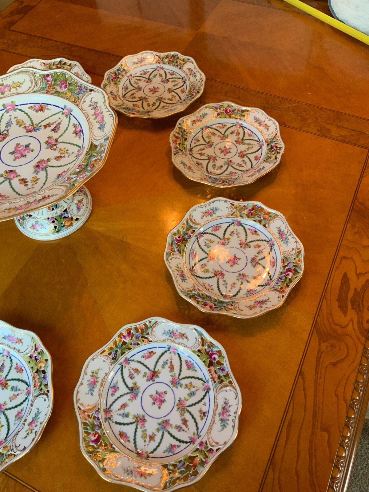 Antique Carl Thieme Dresden Basketweave Dessert Service – 8 Plates & Compote
