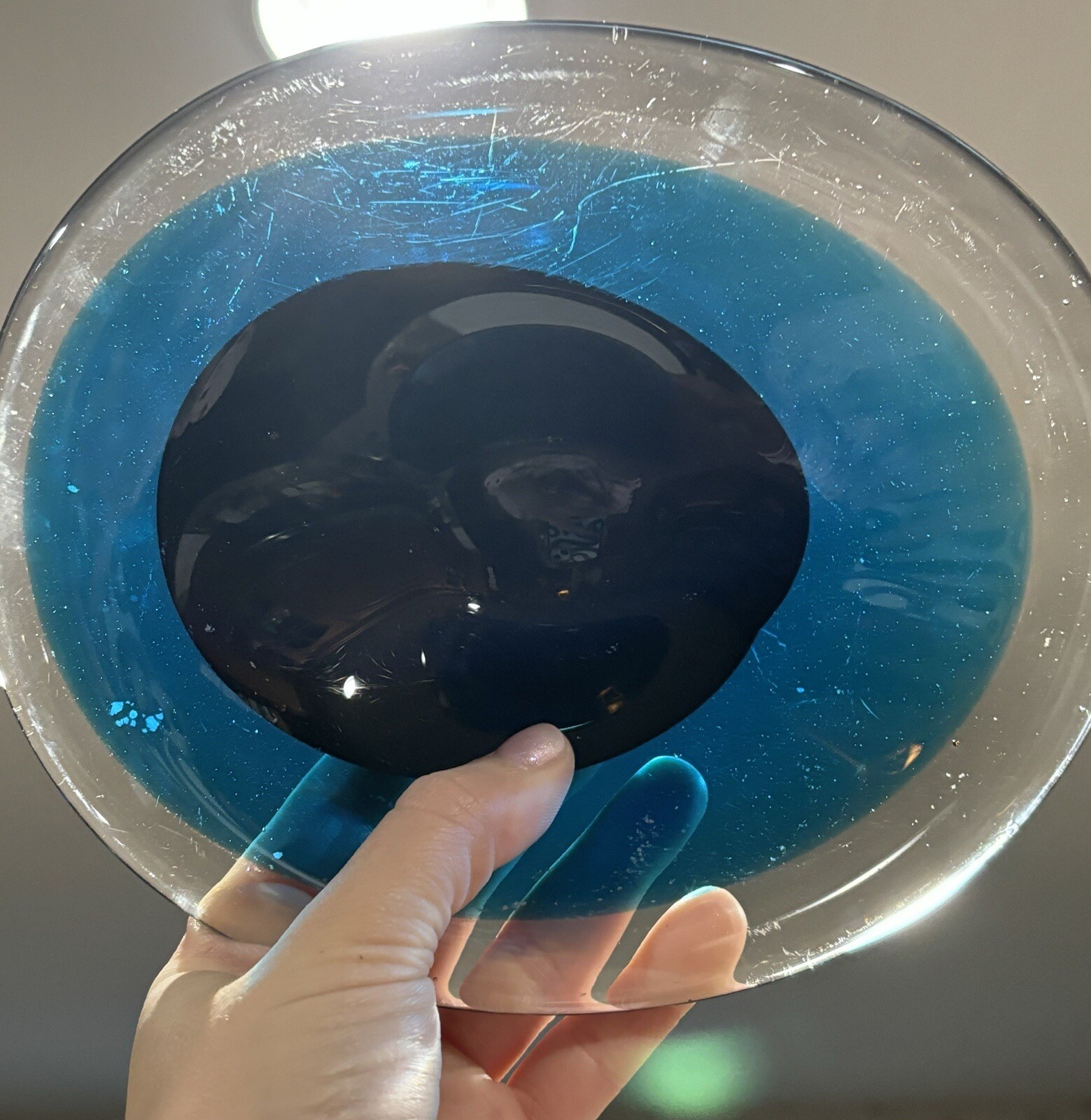 Vintage Art Glass Blue, Black to Clear Asymmetrical Candy or Trinket Dish AS IS