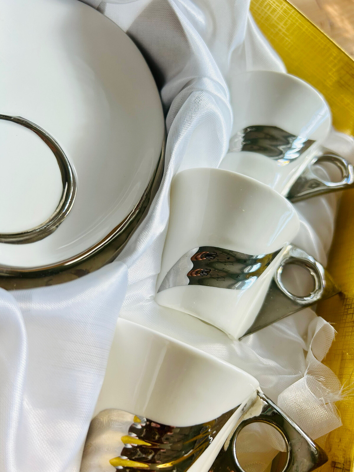 Nour White & Silver Porcelain Demitasse Cups And Saucers Twelve Piece Set