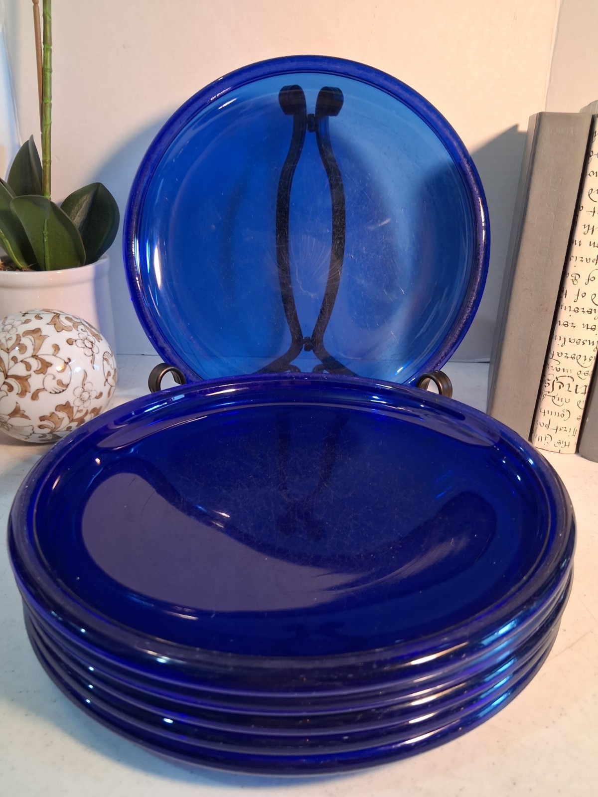 Vintage Arcoroc France Cocoon Cobalt Blue Glass Dinner Plates Set of 6 MCM