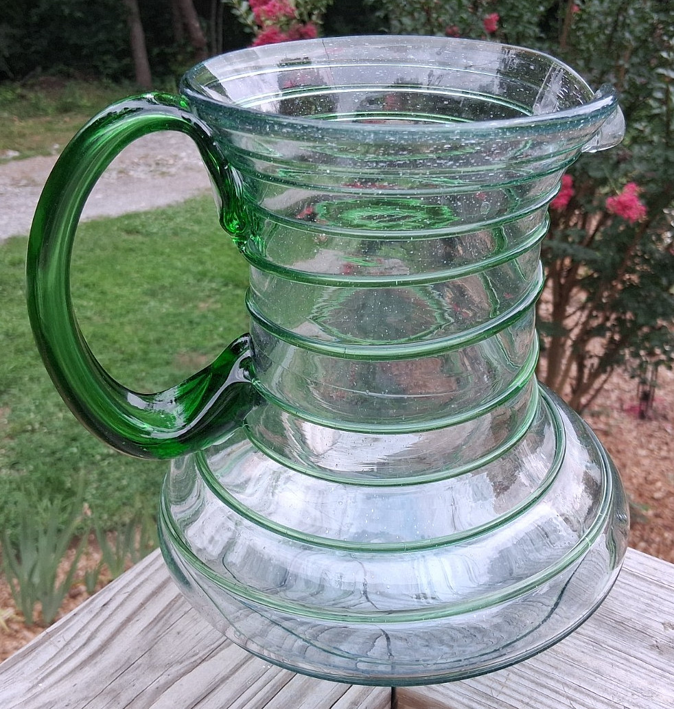 9″ Mexican Hand Blown Art Glass Pitcher Applied Green Threading & Handle Lg Base