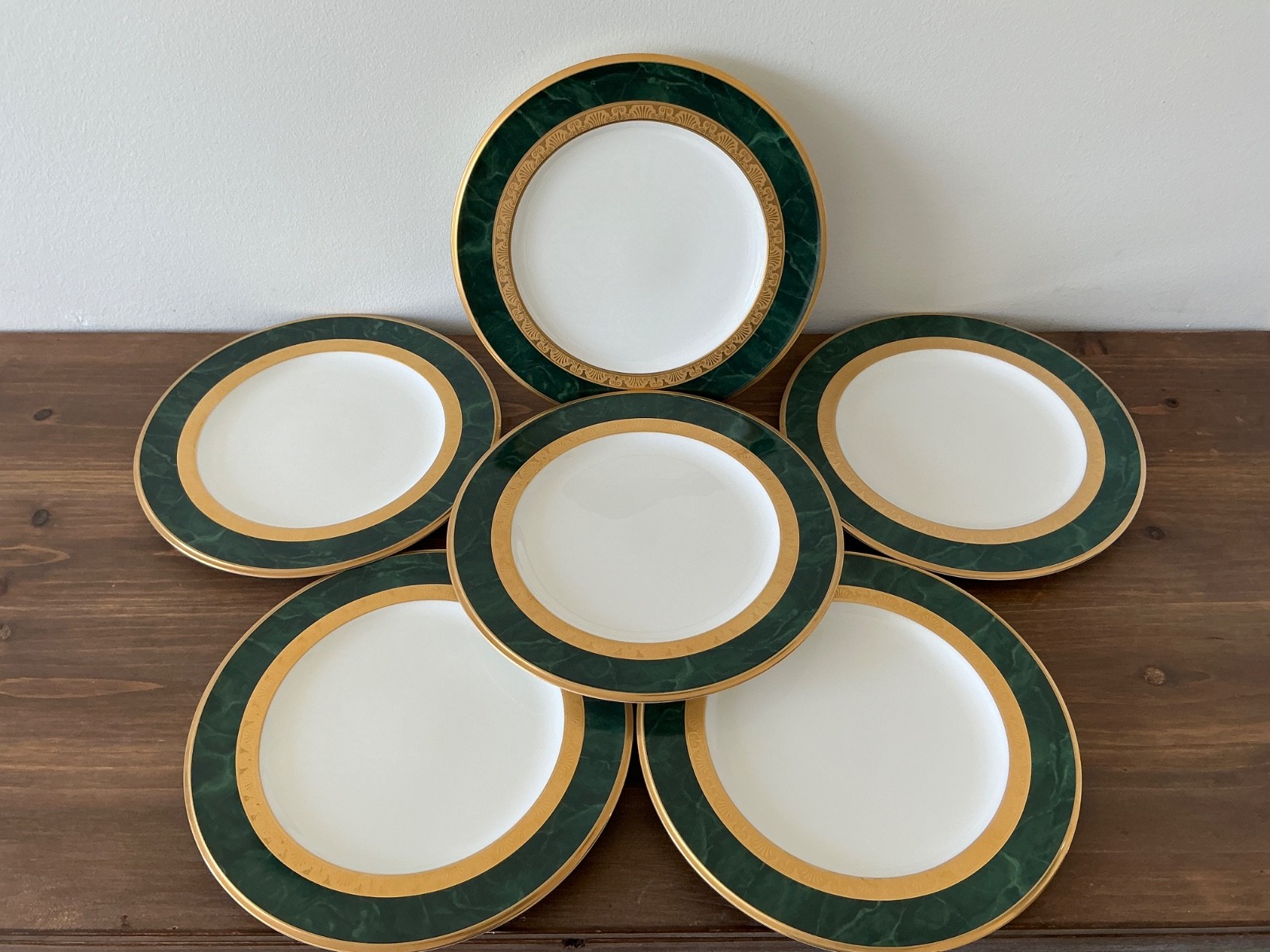 Set/6 NORITAKE Fitzgerald 4712 Salad Plates Green Marble Border Gold Scroll EXC!