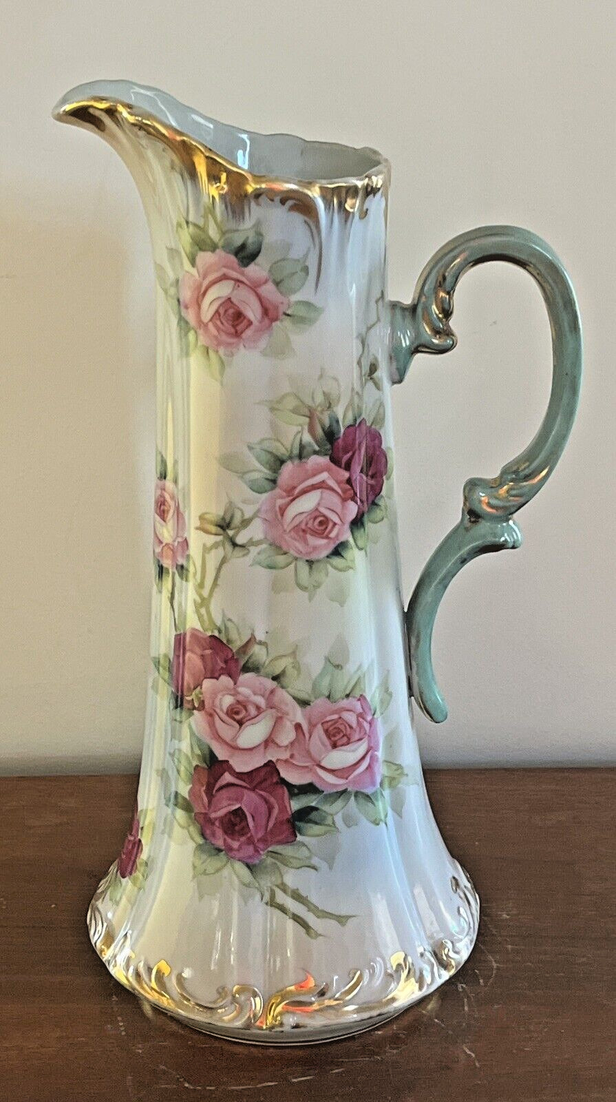 Antique Tall Pitcher Hand Painted Vase Tankard Ewer Roses Gold 15.5