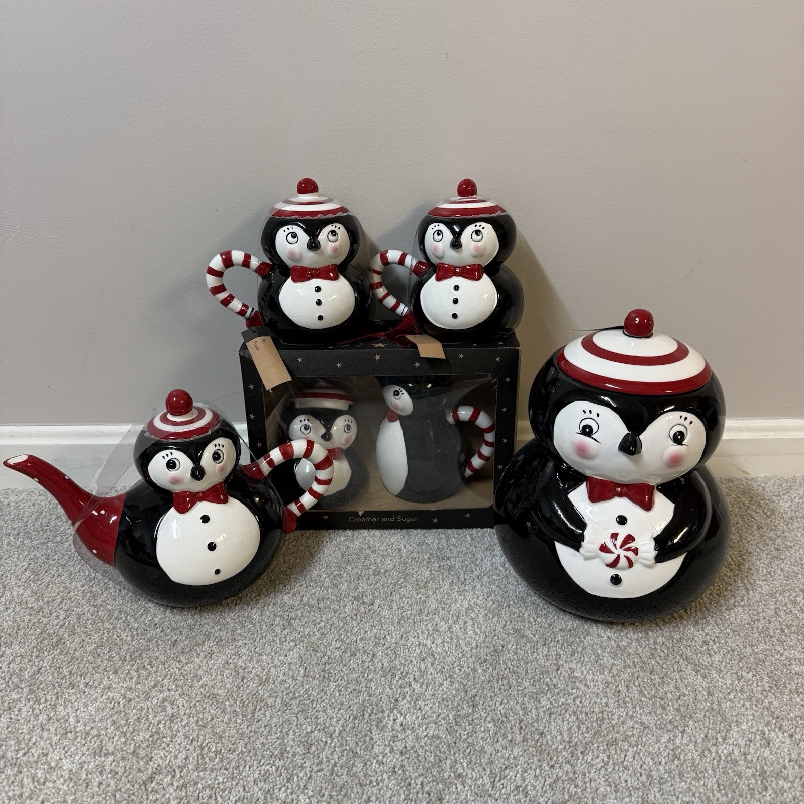 Johanna Parker Carnival Cottage Penquin Cookie Jar Sugar Creamer Set Bundle