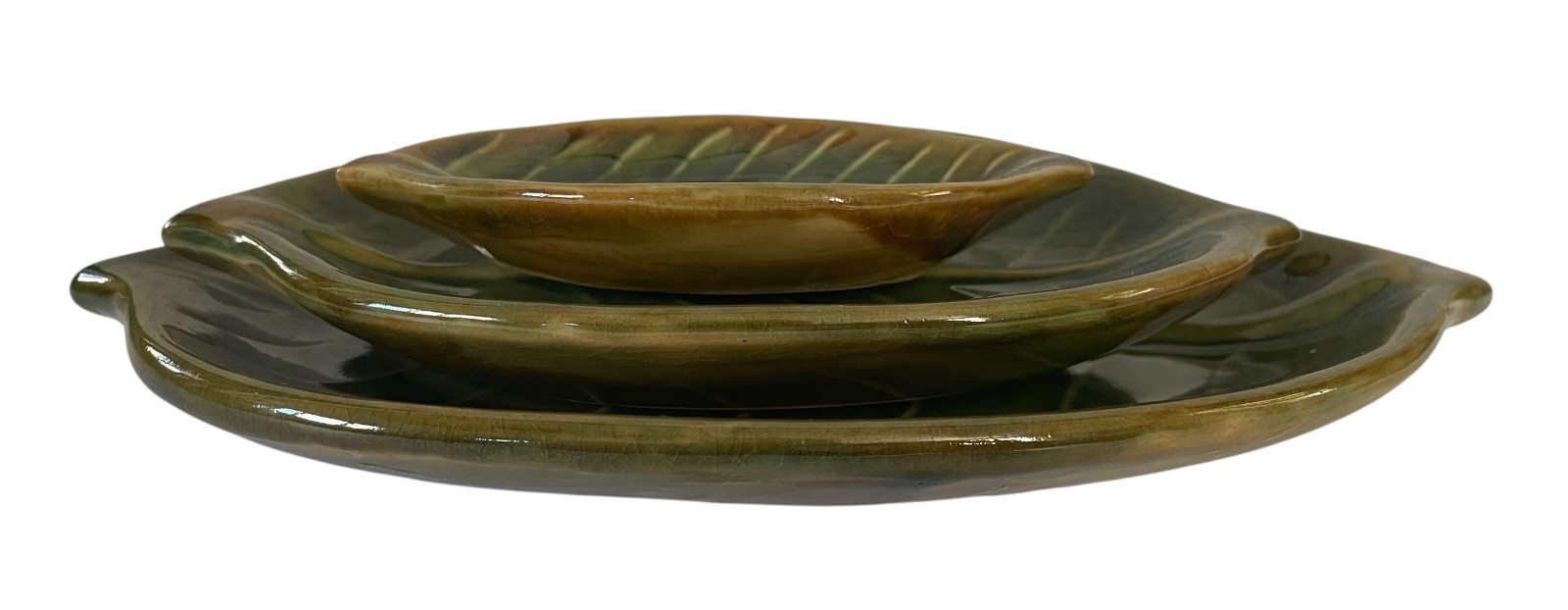 Pier 1 Stoneware Nesting Green Leaf Plate Set of 3 Vintage Serving Dishes Tiki
