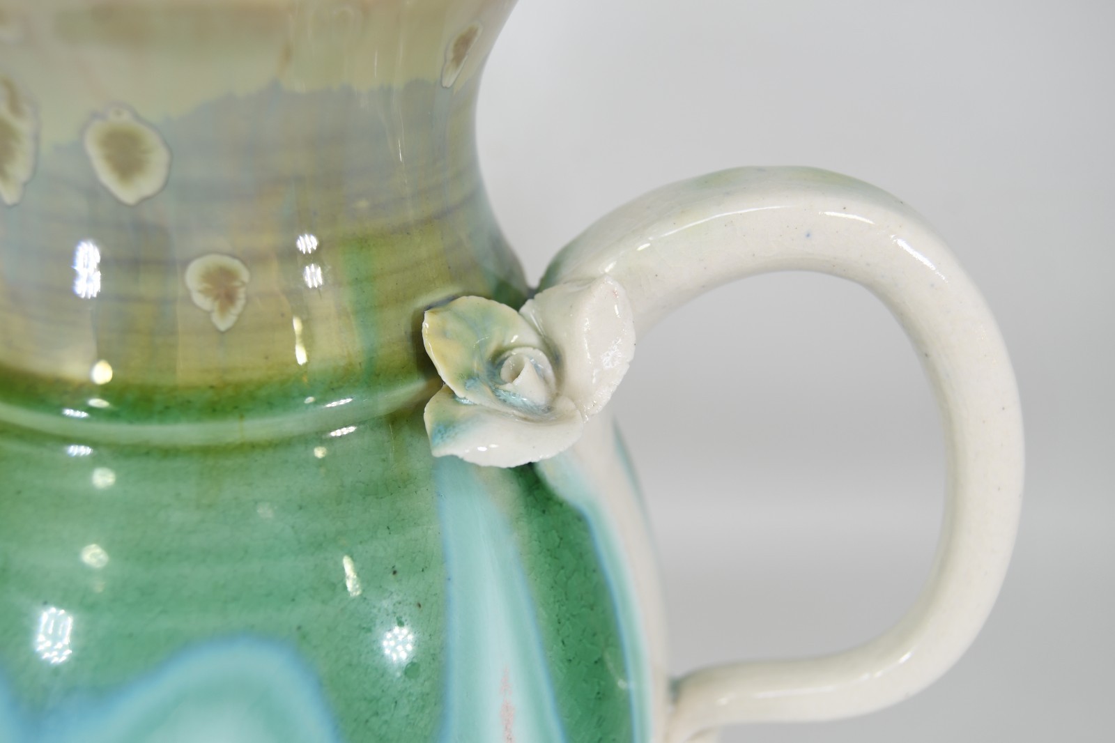 VTG Studio Art Pottery Pitcher Applied Flower Drip Flow Crystalline Glaze Signed