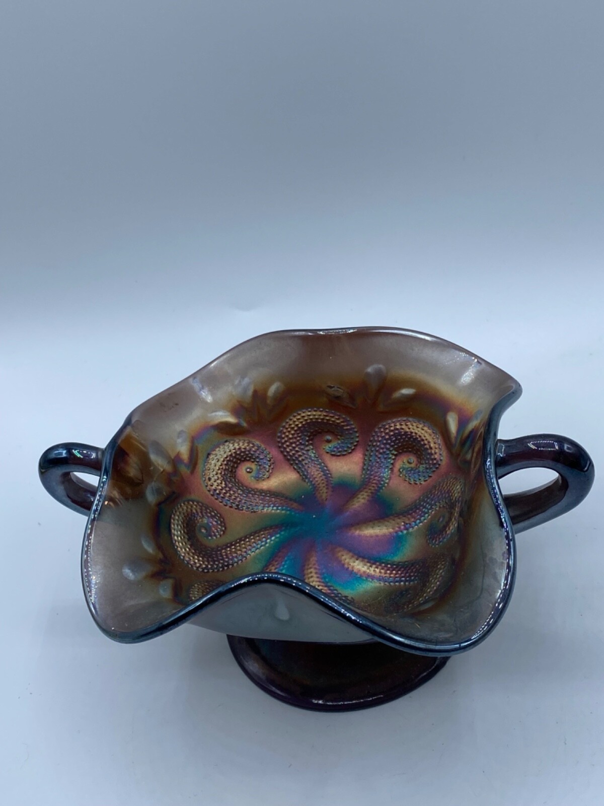 Vintage Amethyst Carnival Glass Two Handled Footed Bonbon Dish 4.5″