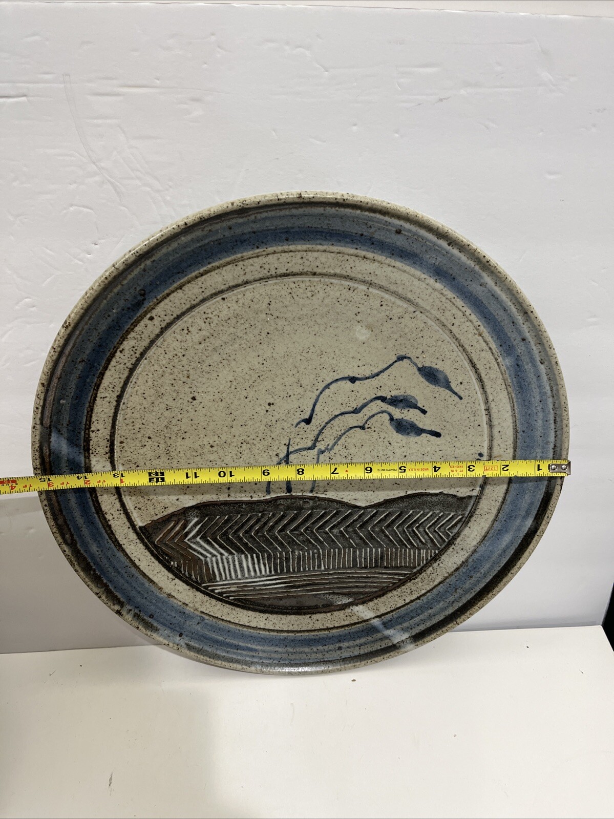 Vintage Studio Pottery UK Art Handmade Large Plate 15.5” Signed OH, HO