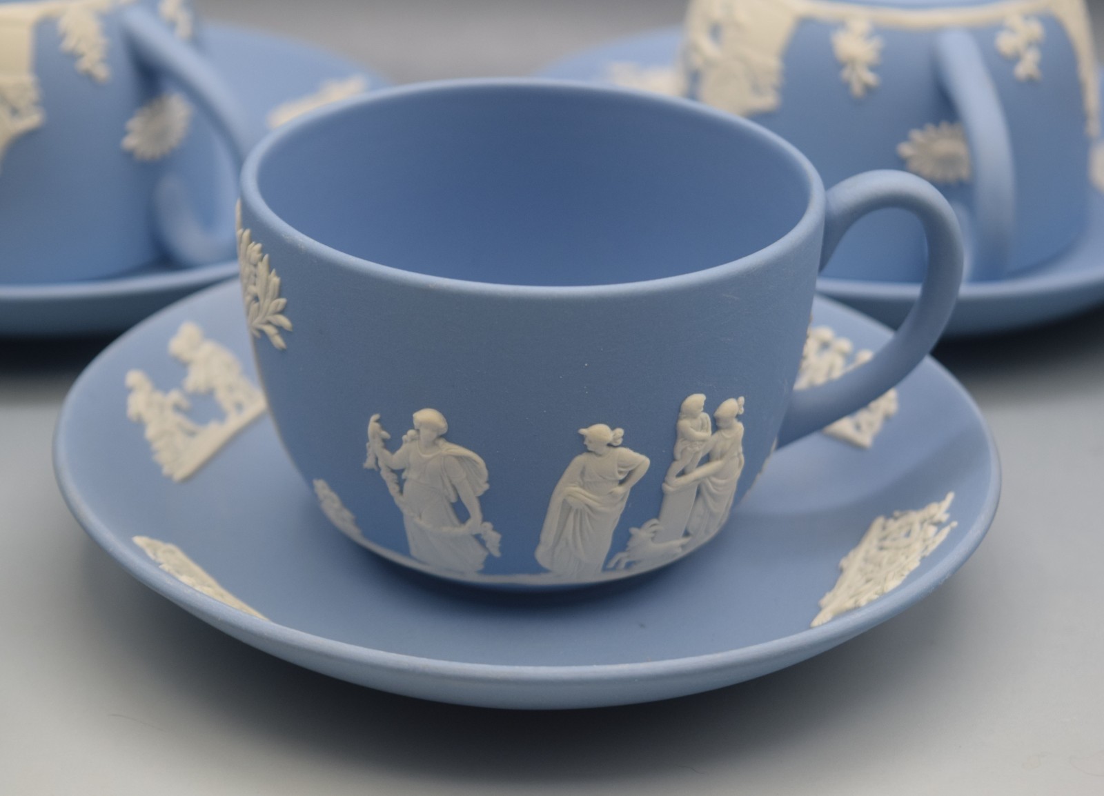 6 SETS WEDGWOOD BLUE JASPERWARE CUPS AND SAUCERS NEOCLASSICAL MYTHOLOGY