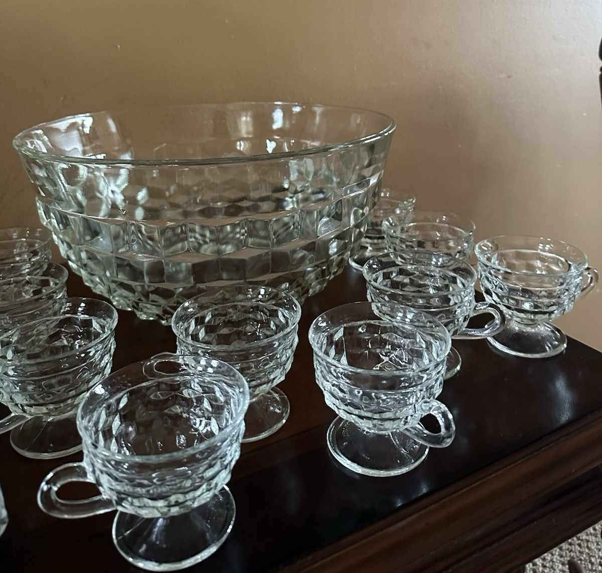 Cubist Indiana Clear Glass Punch bowl Set of 12 footed cups whitehall colony VTG