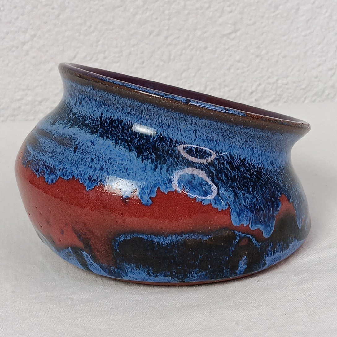 Art Pottery Studio Handcrafted Bowl Red Clay Blue Brown Glaze Slanted Angled