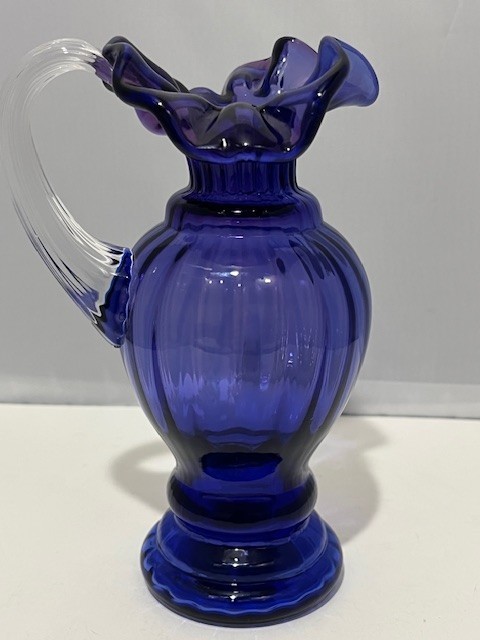 VTG 6″ Fenton Royal Blue Purple signed Small Pitcher Ruffled Edge-ridged Handle