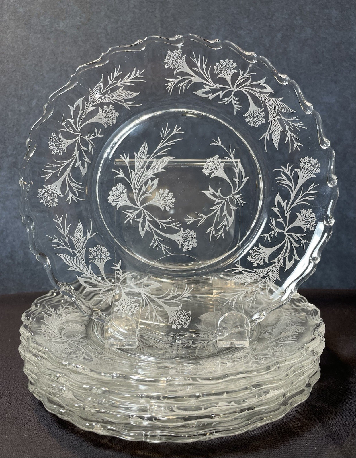 FREE SHIPPING Vintage 6 Fostoria HEATHER Salad Plates Clear Etched ElegantGlass