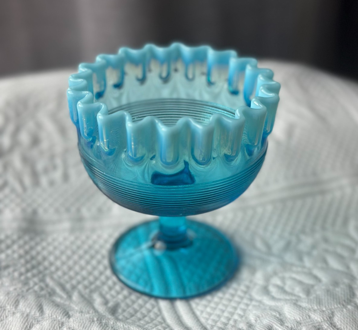 VTG Northwood ~1905 Spool-of-Threads Pedestal Opalescent-Crimp Blue Compote READ