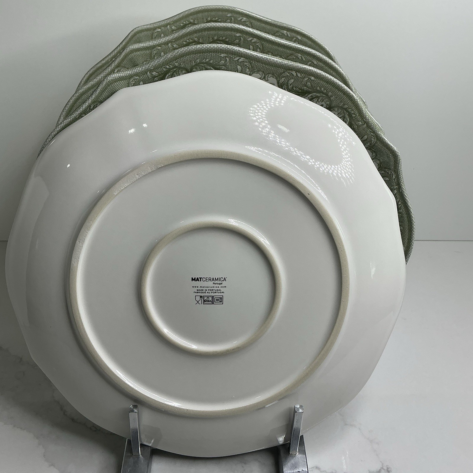 4 Matceramica Stoneware Dinner Plates Green Rose Scalloped 11” Portugal New