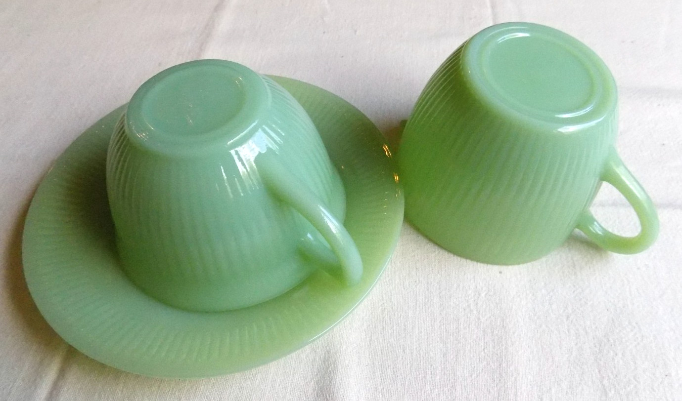 Vintage Fire King Jadeite Green Glass Creamer & Cup and Saucer Jadite