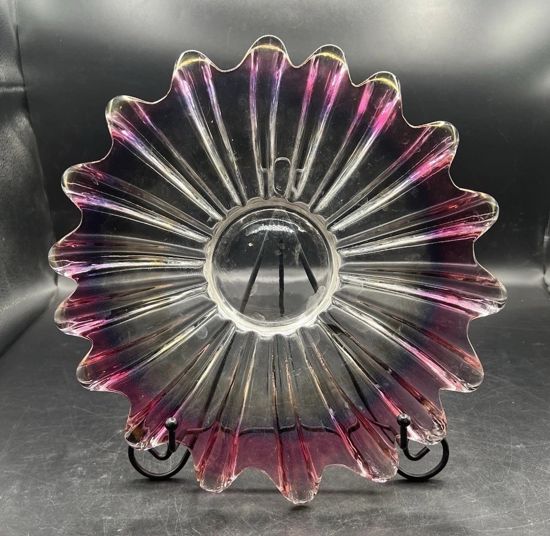 Federal Glass Plate Starburst Celestial Atomic Pink Gold 1960s Vintage 10”