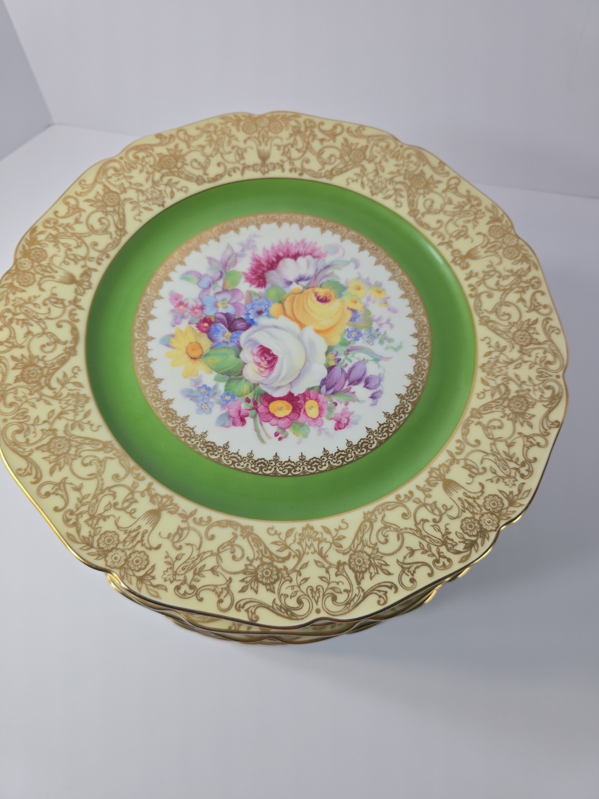 Vintage Bohemia Czechoslovakia Dinner Plates Green Gold Floral Macy’s Set of 4