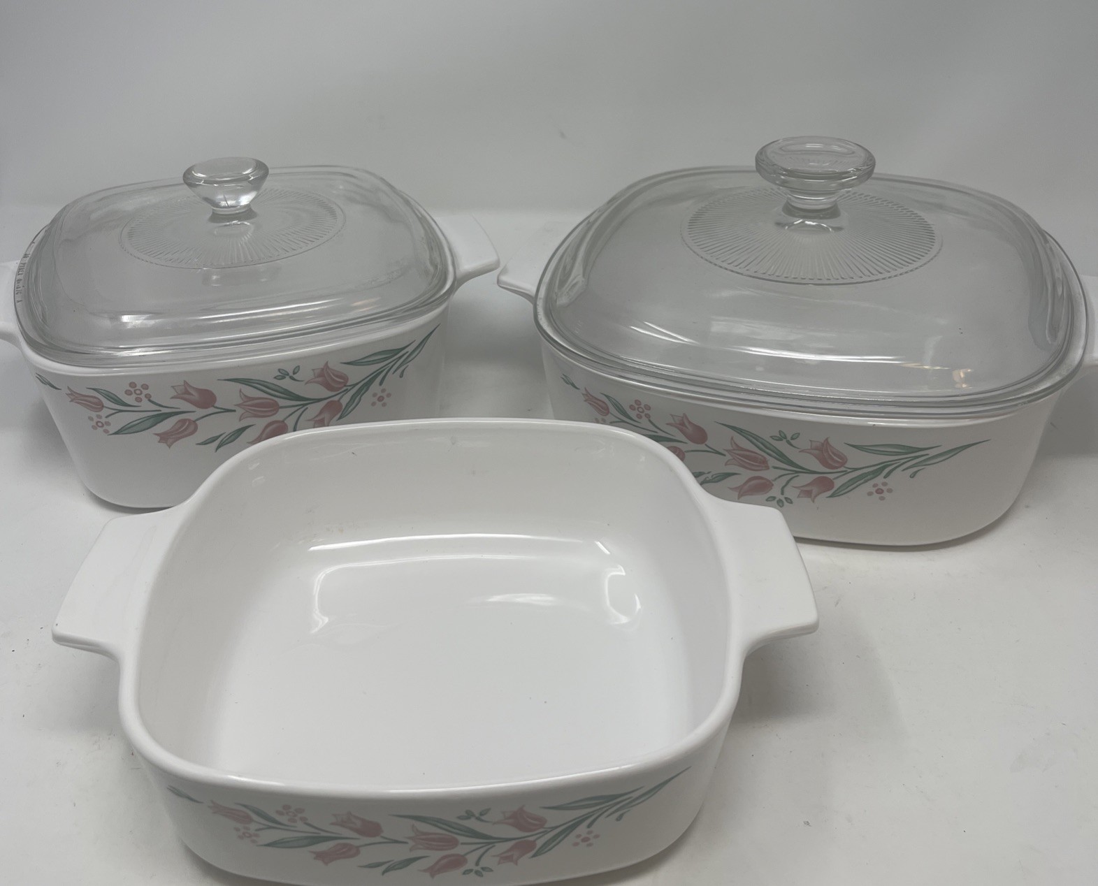 3 VTG Corning Ware Casserole Dishes w/ Lids A-1-B & A-2-B Rosemarie Pink Tulip