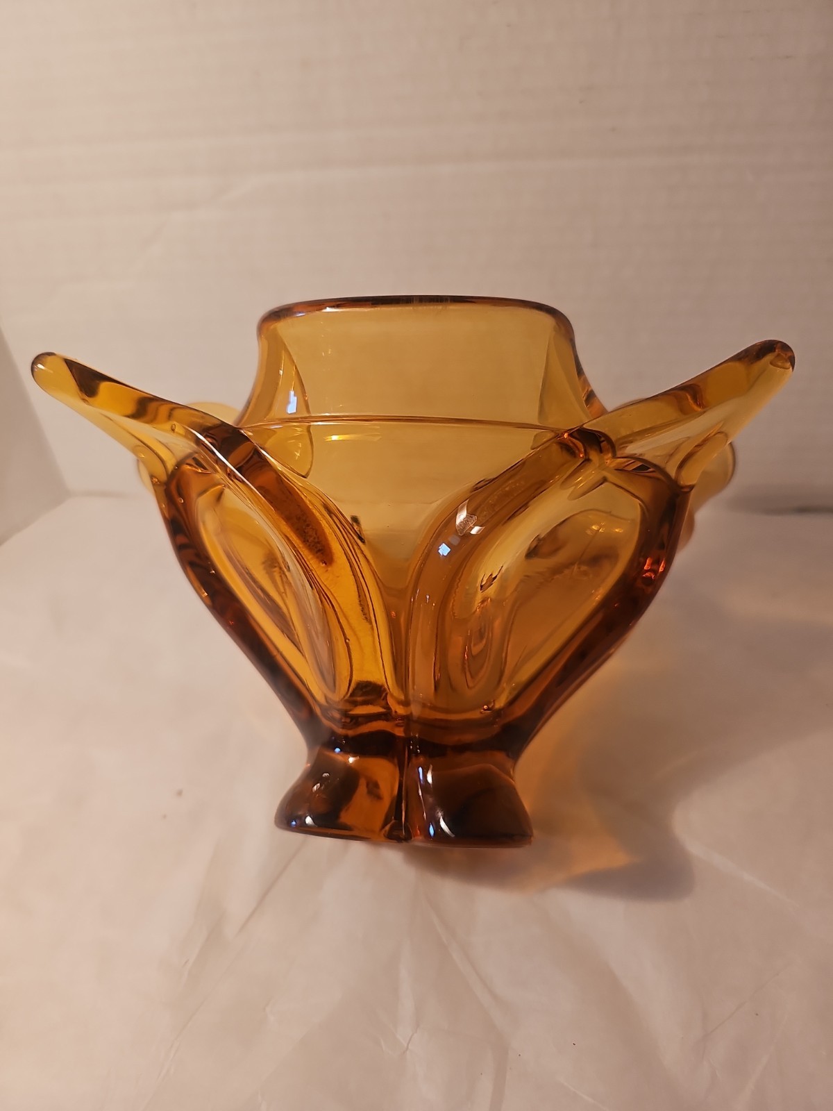 Viking Amber Chalet Four Point Ruffled Art Glass Bowl Dish Tray Vintage 9.25 In