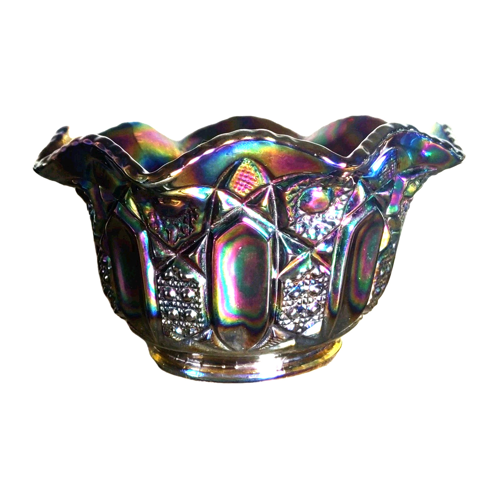 Vintage LE SMITH Iridescent Amethyst Carnival Glass Ruffled Quintec Bowl 6.5 In