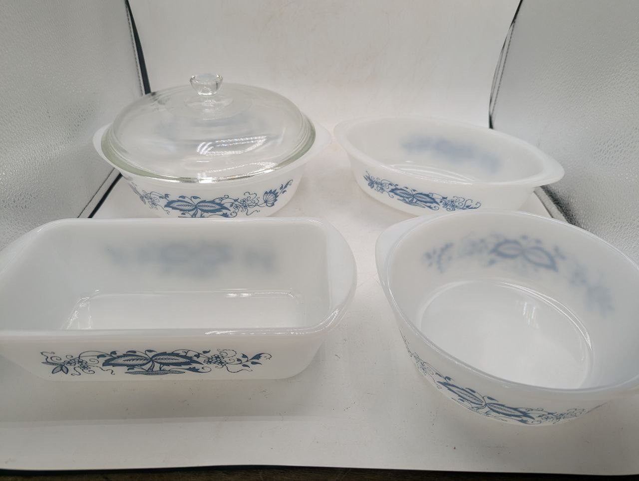 Lot of 4 Glasbake Glass Dishes Blue Floral Pattern Bakeware – EB7