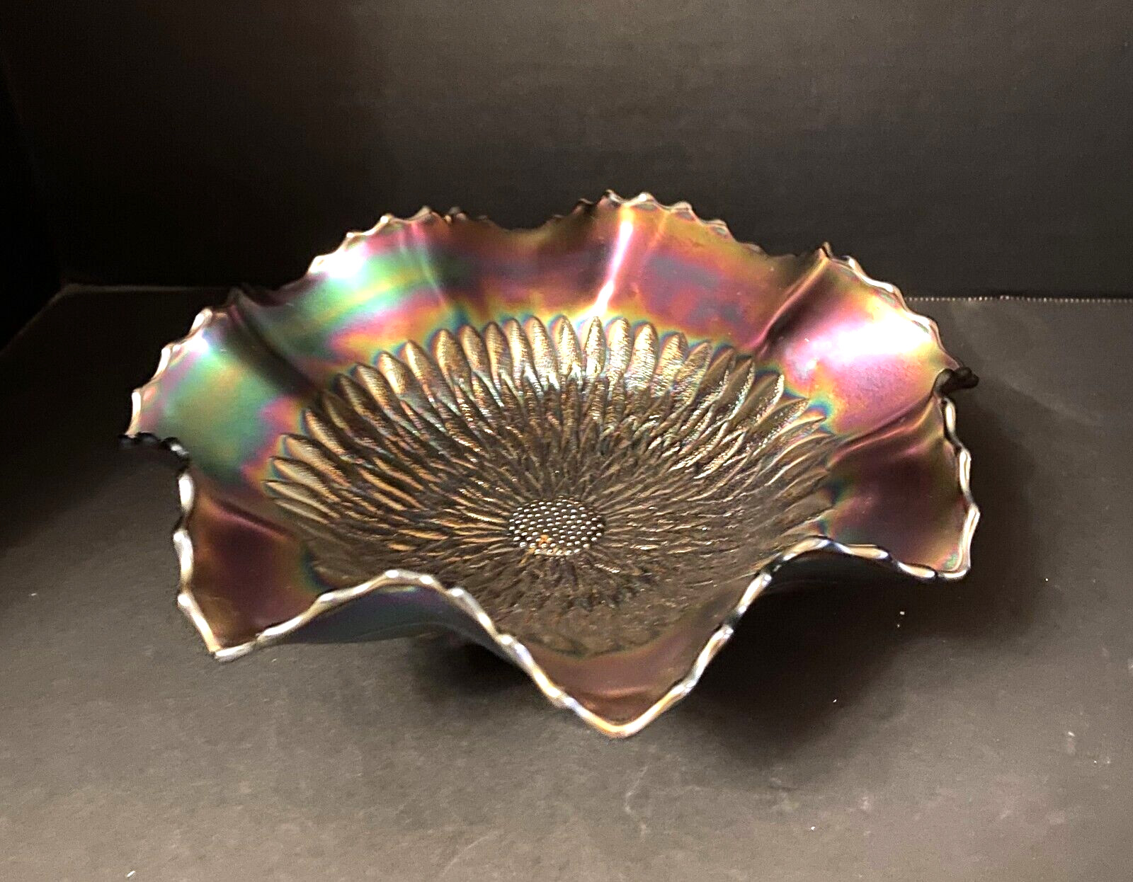 NorthWood Amethyst Carnival Glass Sunflower Ftd Ruffled Bowl