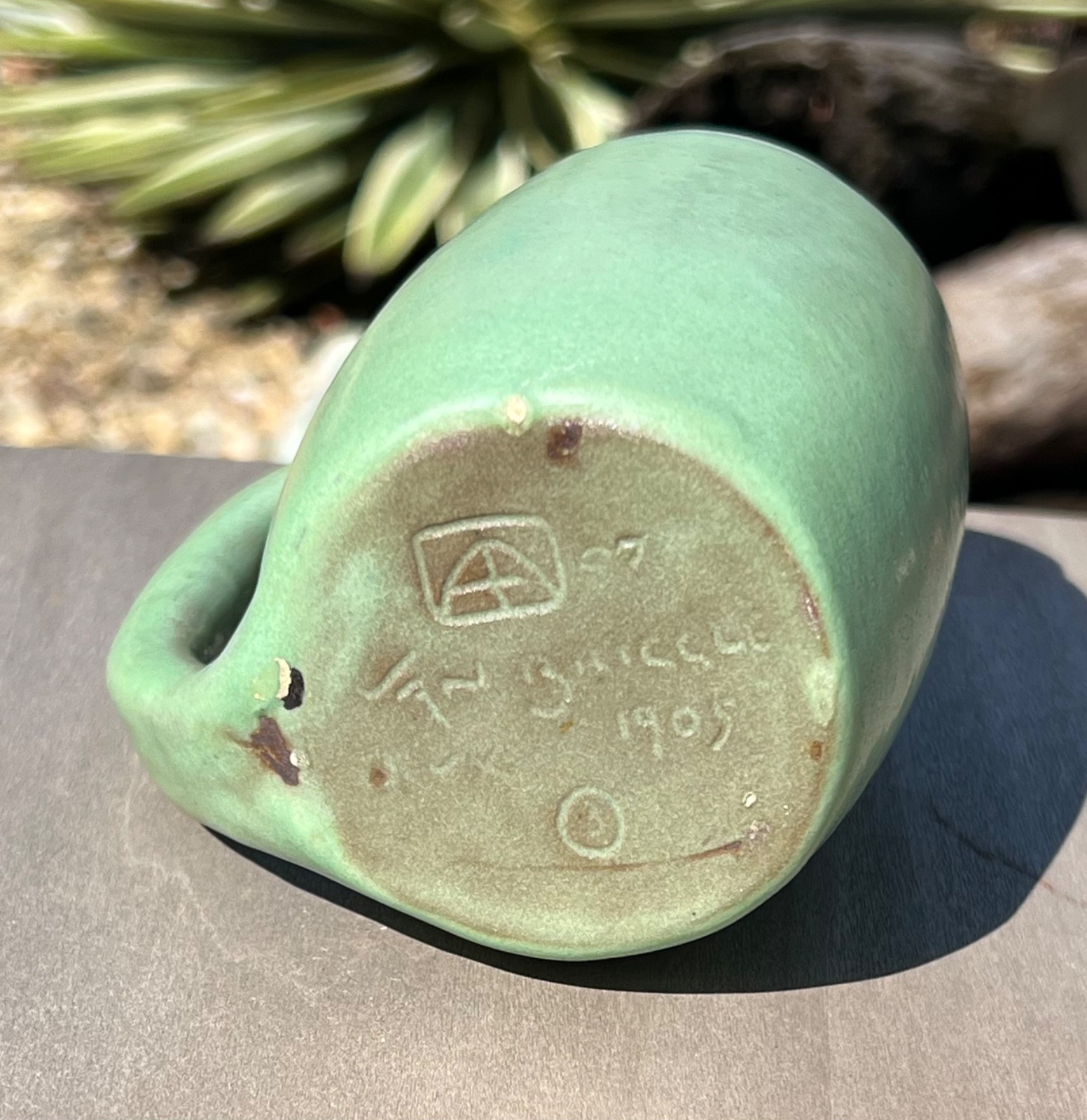 1905 EARLY VAN BRIGGLE ART POTTERY MUG MATTE GREEN GLAZE COLORADO SPRINGS