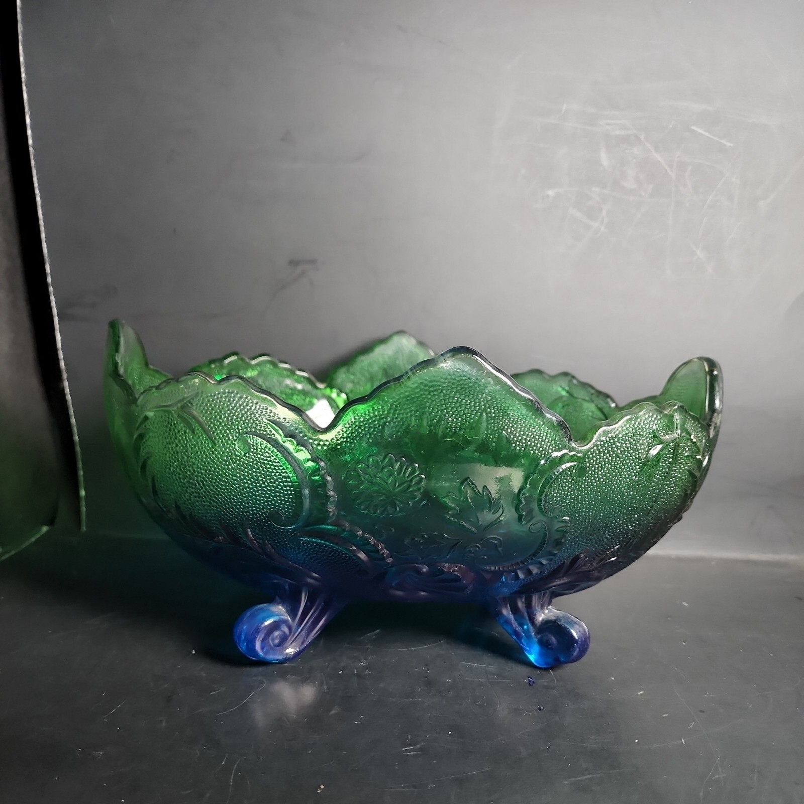 Vtg Jeanette Flashed Blue Green Lombardi Footed Fruit Bowl 10″ L x 5″ H x 7″ W