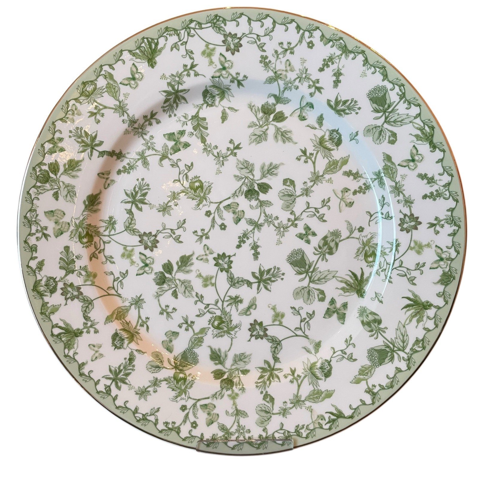 Grace Teaware Porcelain Dinner Plates 10.5″ Green & White Floral Set of 4 New