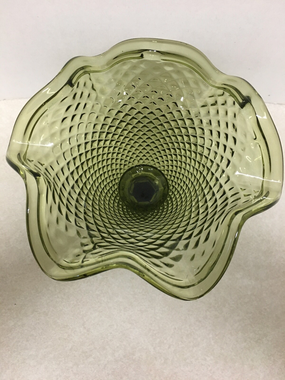 Vintage Olive Green Diamond Point Ruffled Edge Pedestal Bowl Candy Dish Indiana