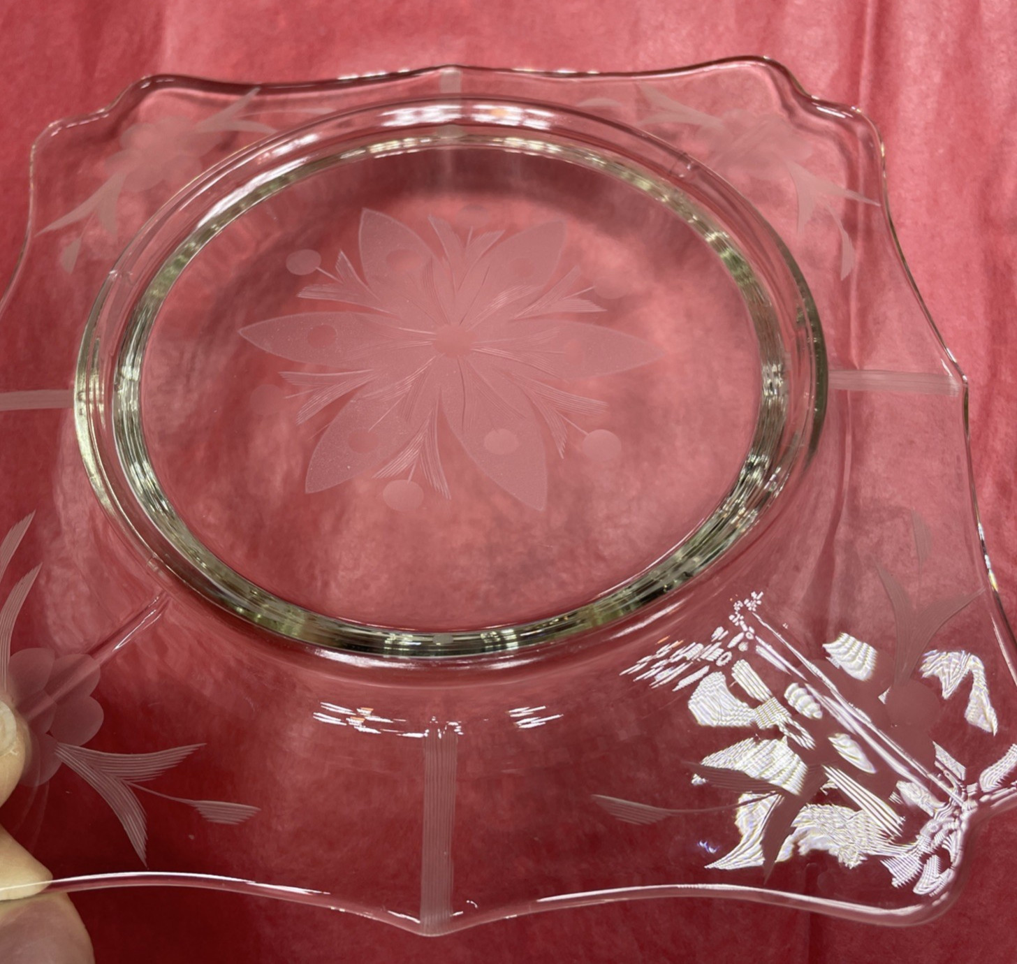 4pc Antique 1920s-1930s Etched Depression Glass Flower Pattern 7.” Sq. Plate EUC