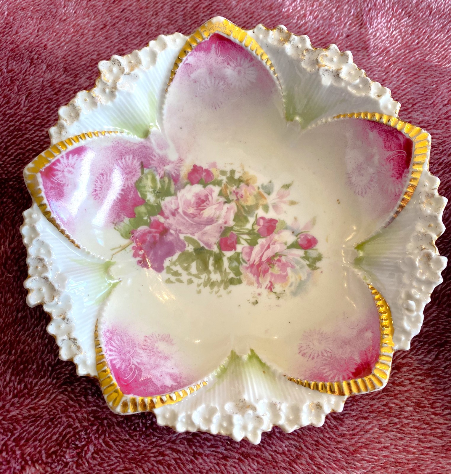 Antique RS Prussia Porcelain Serving & Berry Bowls Floral Pink Roses 7 PC Set