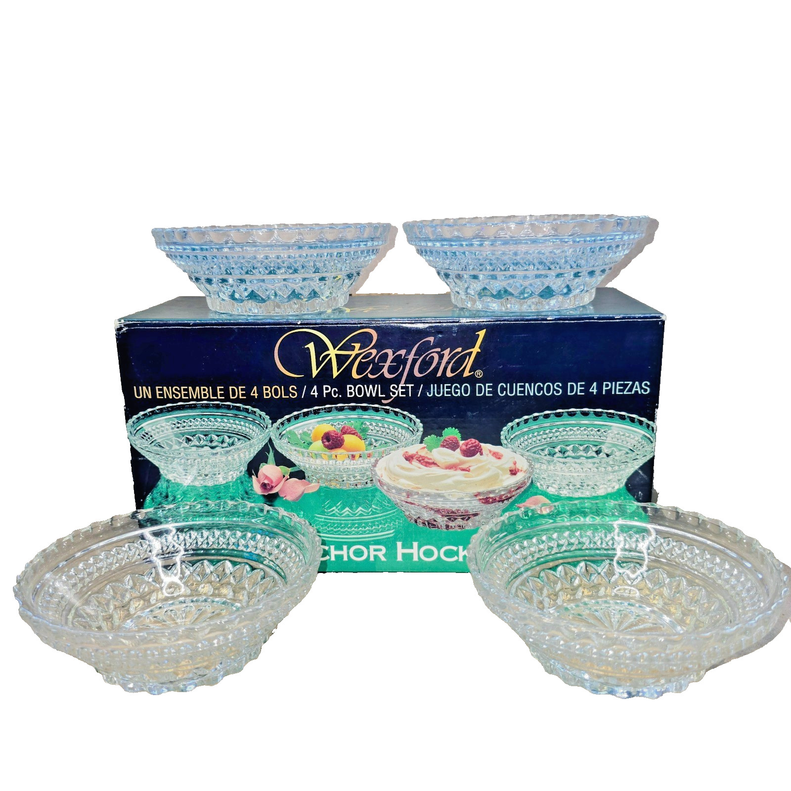 4 Vintage Anchor Hocking Clear Wexford Glass Dessert-Fruit-Berry Bowl 5″ Diamond