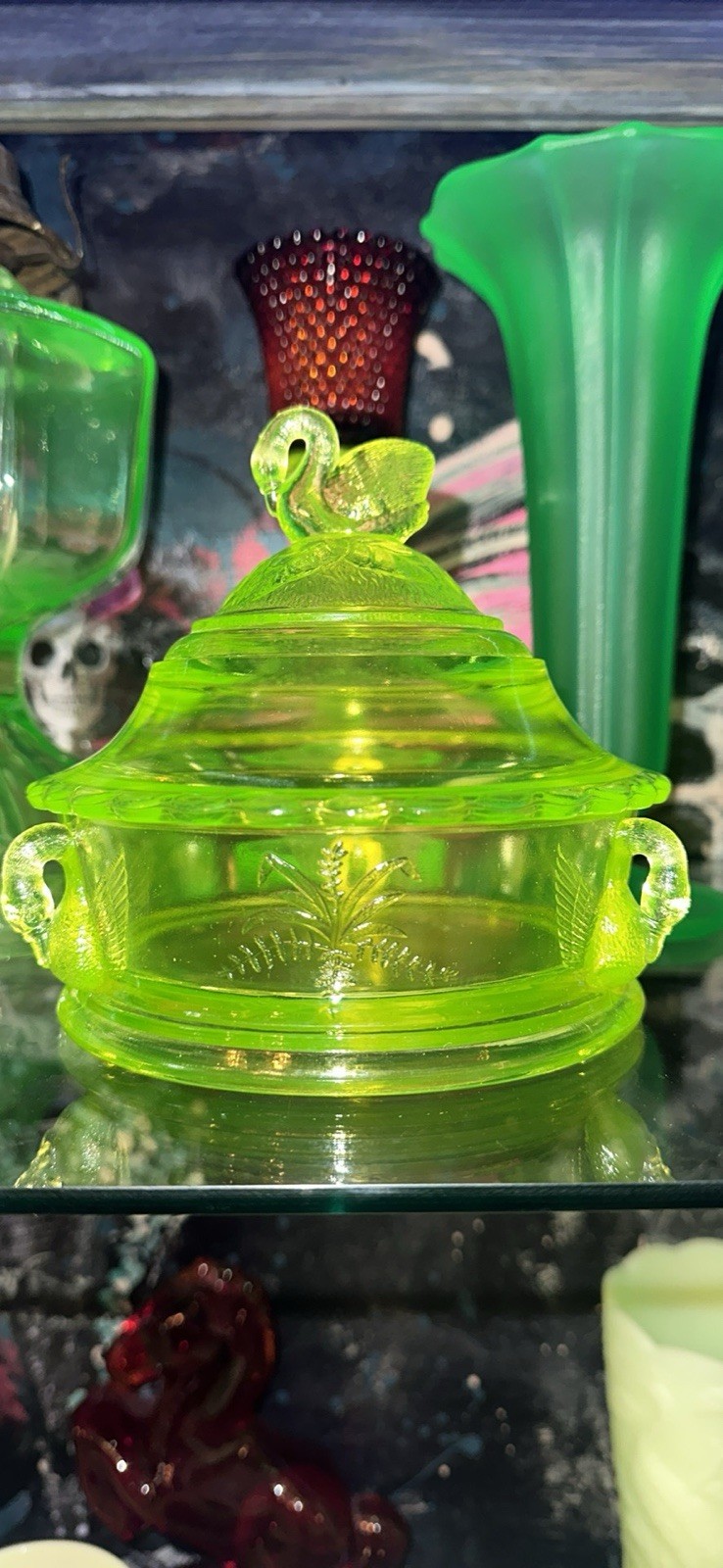 Vintage Westmoreland Vaseline Uranium Glass Swan on Lid Candy Dish 6” Yellow