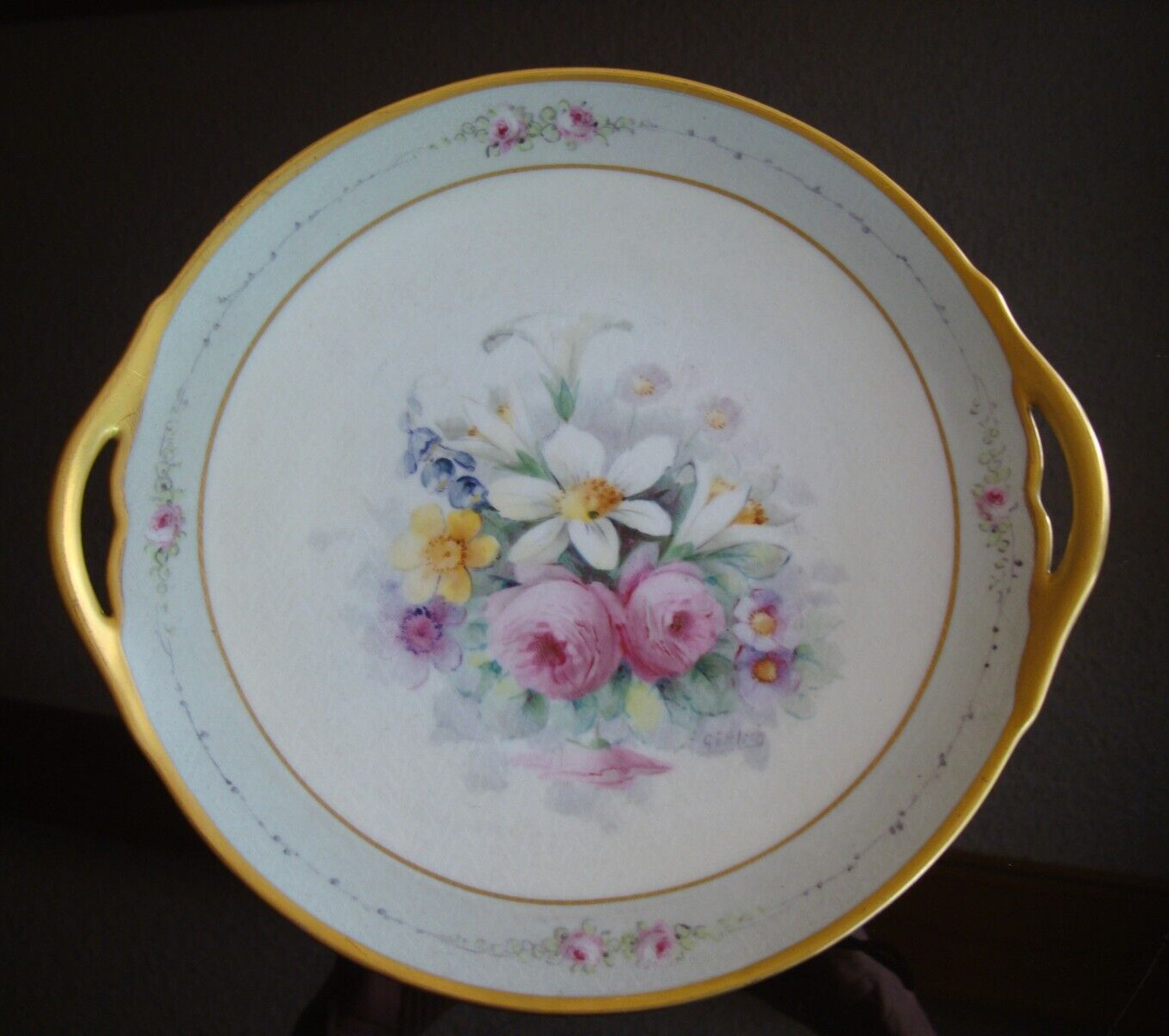 RARE LIMOGES PICKARD SIGNED “GOTTLICH” HAND PAINTED ROSES on TAPESTRY CAKE PLATE