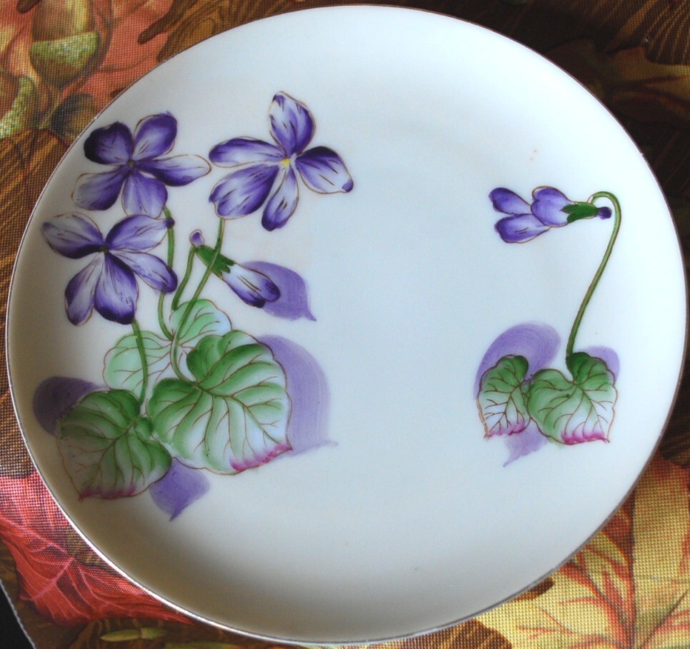 Vtg Set 6 PLATES Tashiro Shoten Japan HANDPAINTED PURPLE VIOLETS Gold Rims 7.5″