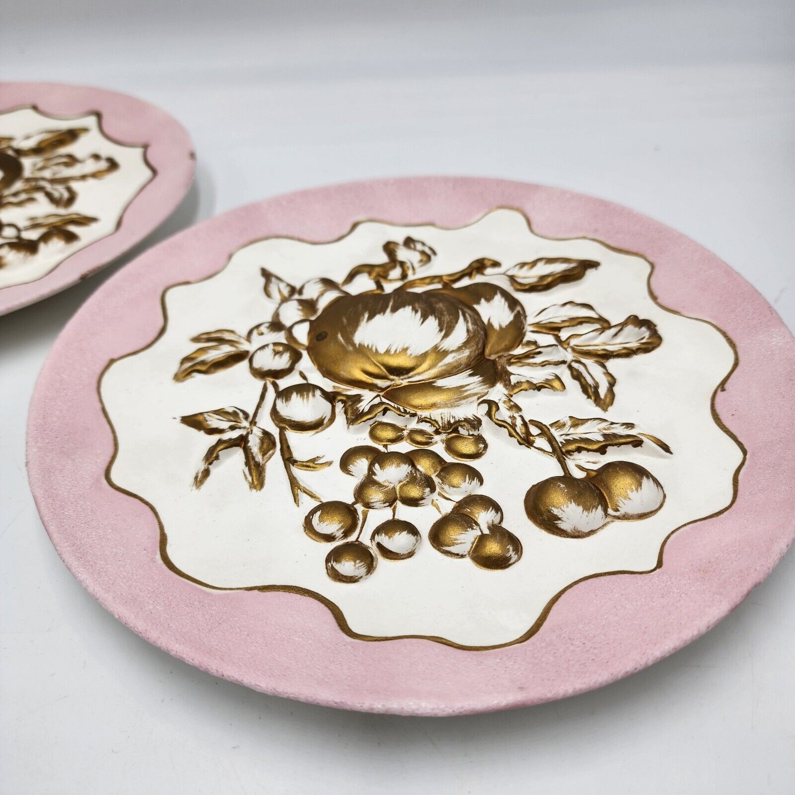 Vintage Set Of 2 Japan Hanging Wall Plates With Pink Gold Dimensional Fruit