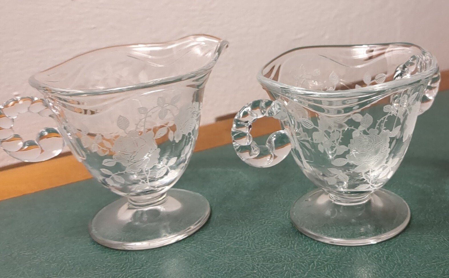 Creamer & Sugar w Willomere Etch ~ 3 inches tall Fostoria Coronet Glass