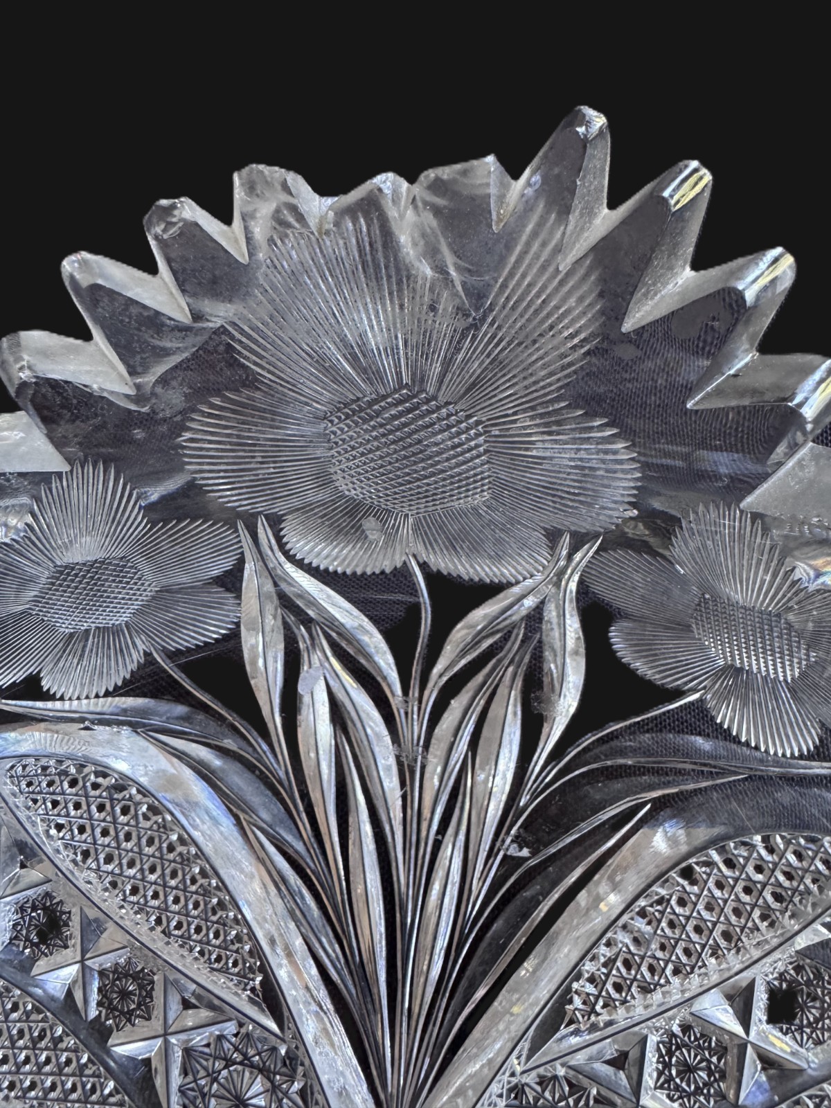 American Brilliant Period ABP Cut Glass Bowl Floral Intaglio Sawtooth 10″