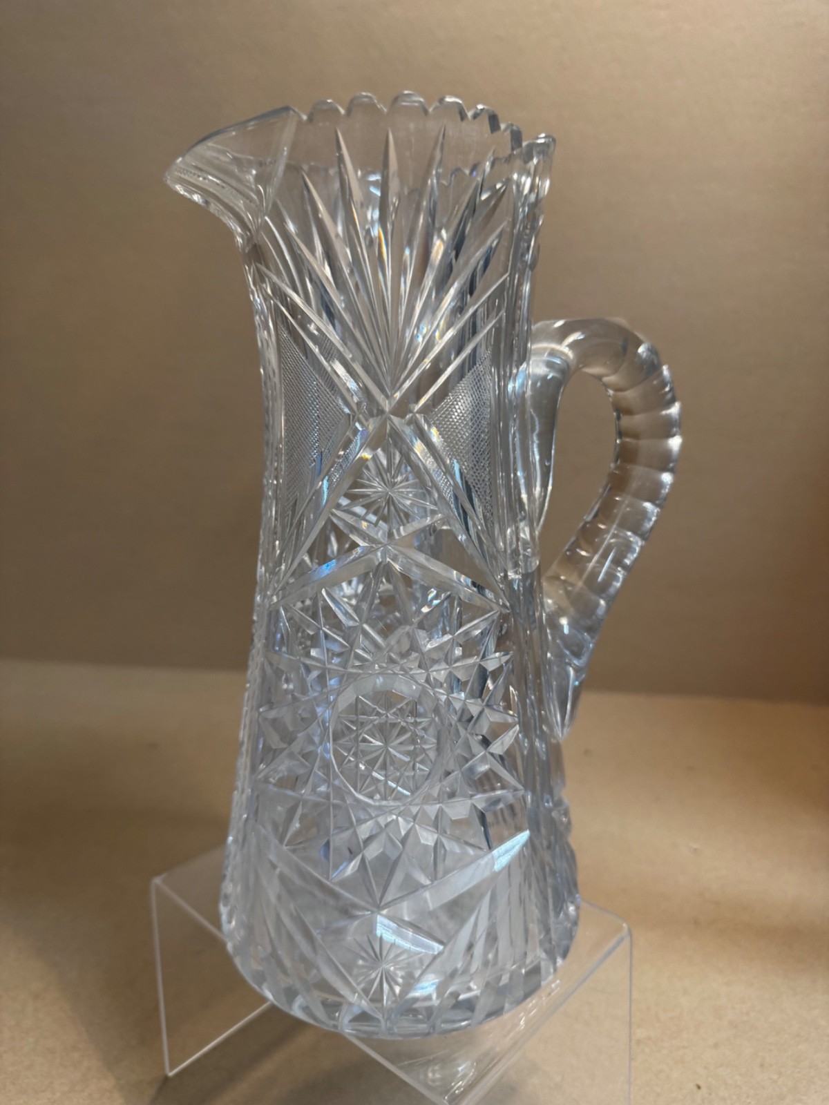 Vintage rare American Brilliant Cut Crystal Sawtooth Edge Pitcher Shabby Vase