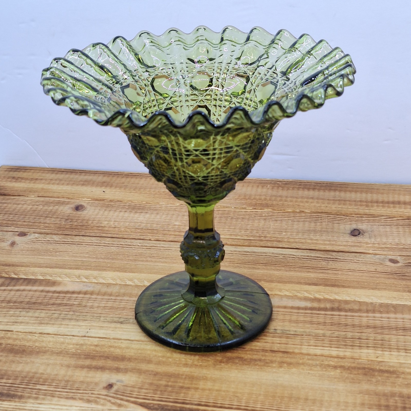 Vintage Avocado Green 6″ Footed Compote Cane Hexagon Lattice Ruffled Rim