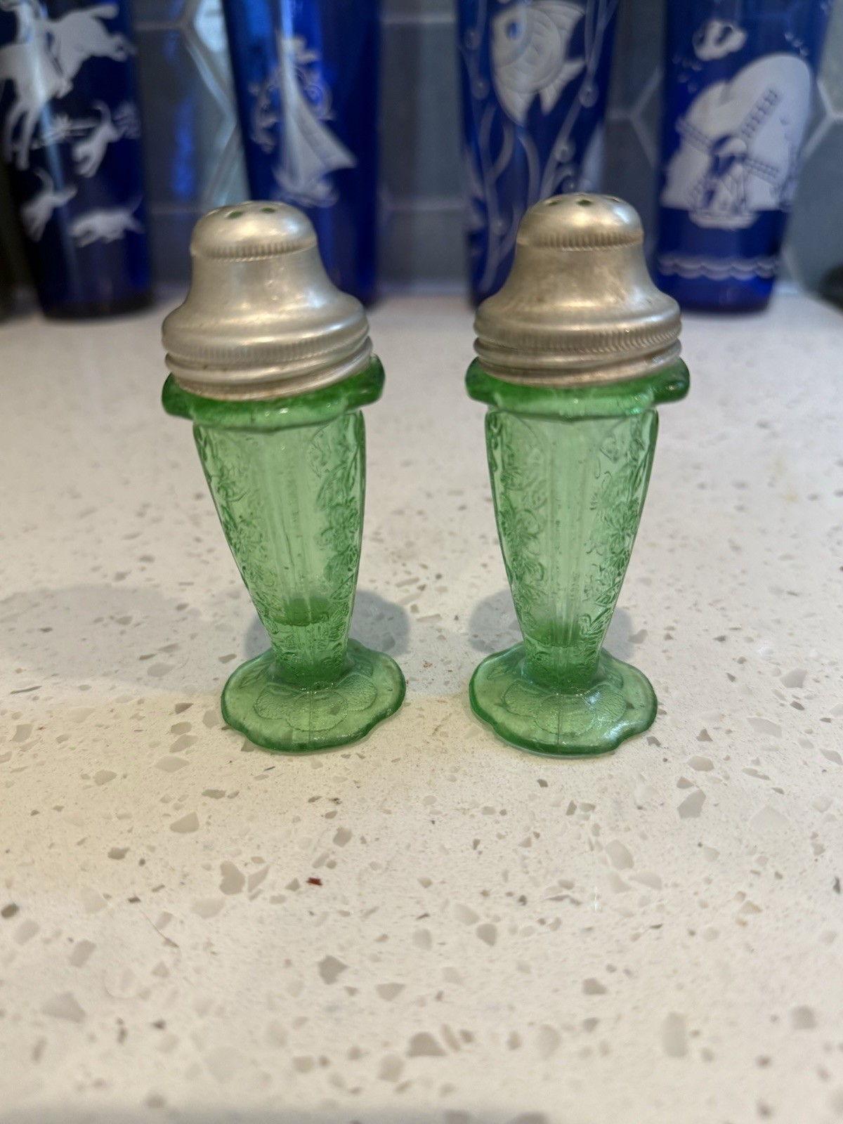 Jeannette Cherry Blossom Green Salt And Pepper Shakers Depression Glass