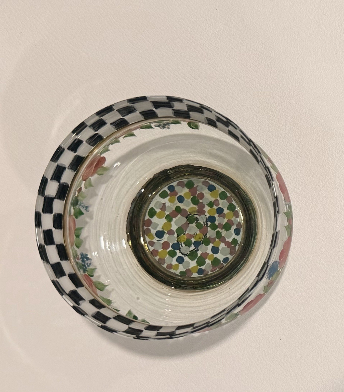 MacKenzie-Childs 1983 Courtly Check Circus Rose Hand Painted Floral Glass Bowl