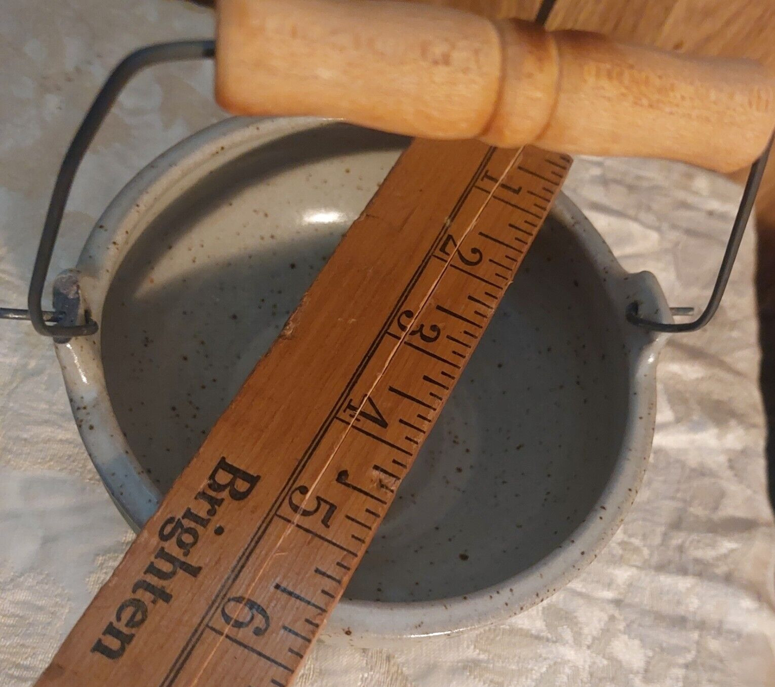 Stoneware Bail handle bowl signed small, miniature, green, tan and grey