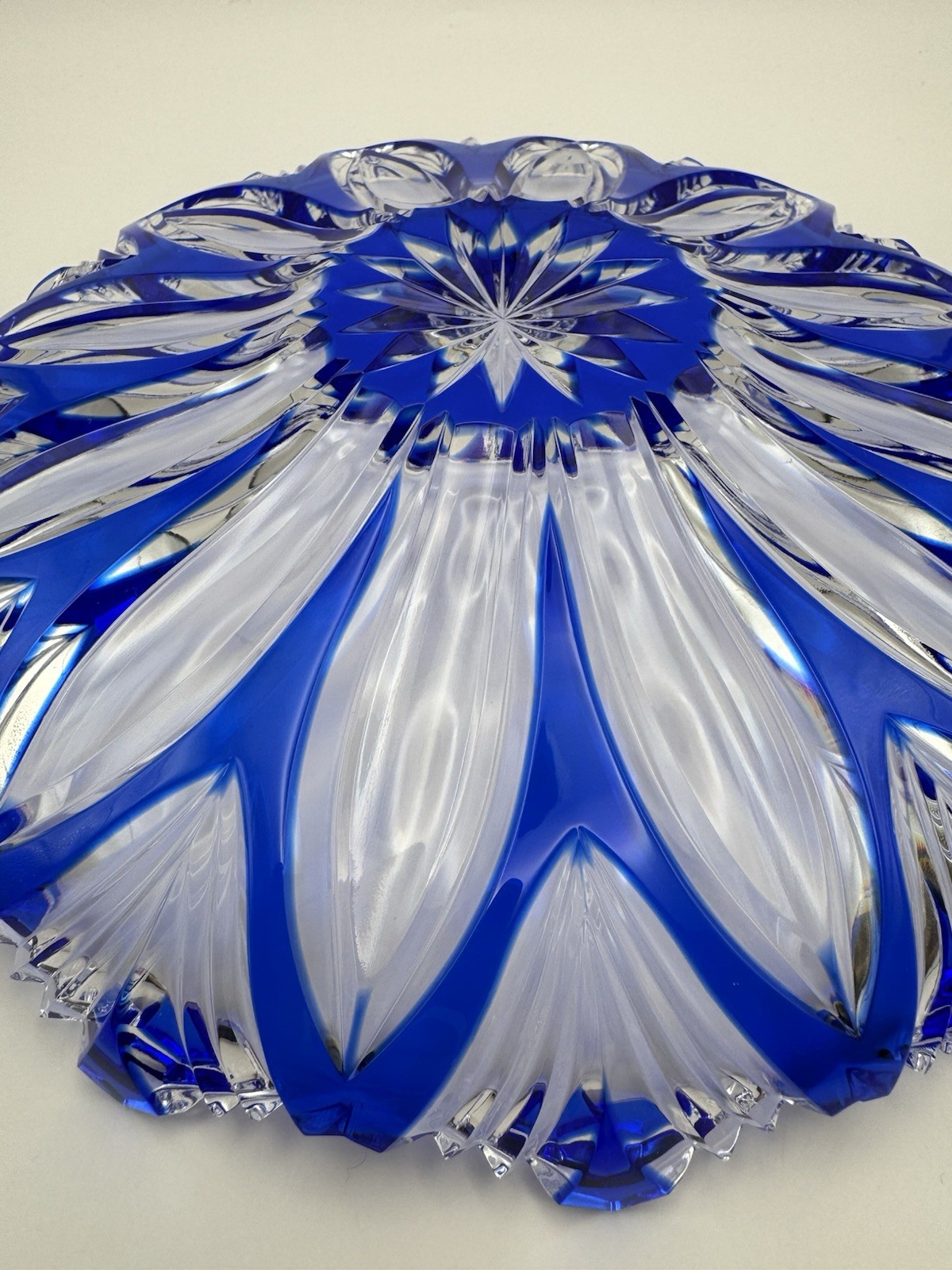 Bohemia Czech Cobalt Blue Cut to Clear Crystal Plate Charger Starburst
