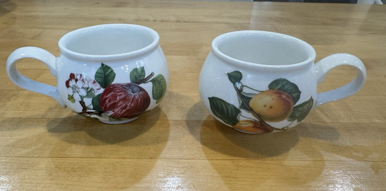 Vtg Set of 2 Portmeirion Pomona Romantic Footed Cup Coffee Mugs Apple England