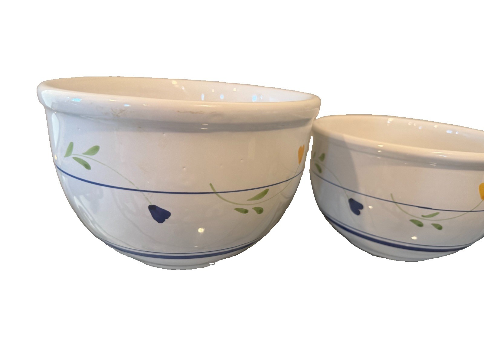 Vintage Italy Nesting Ceramic Mixing Bowl Set 3pc Floral Blue Line Stoneware Pot